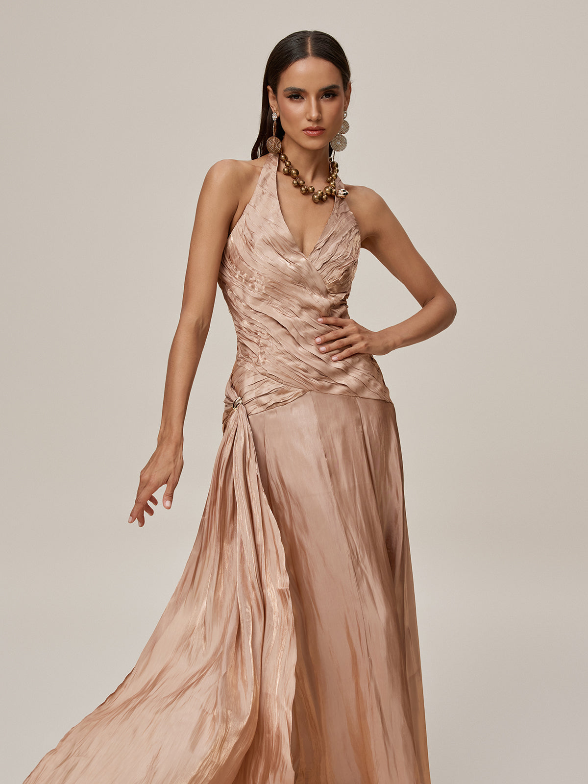 Ophrah Halterneck Ruched Draped Maxi Dress