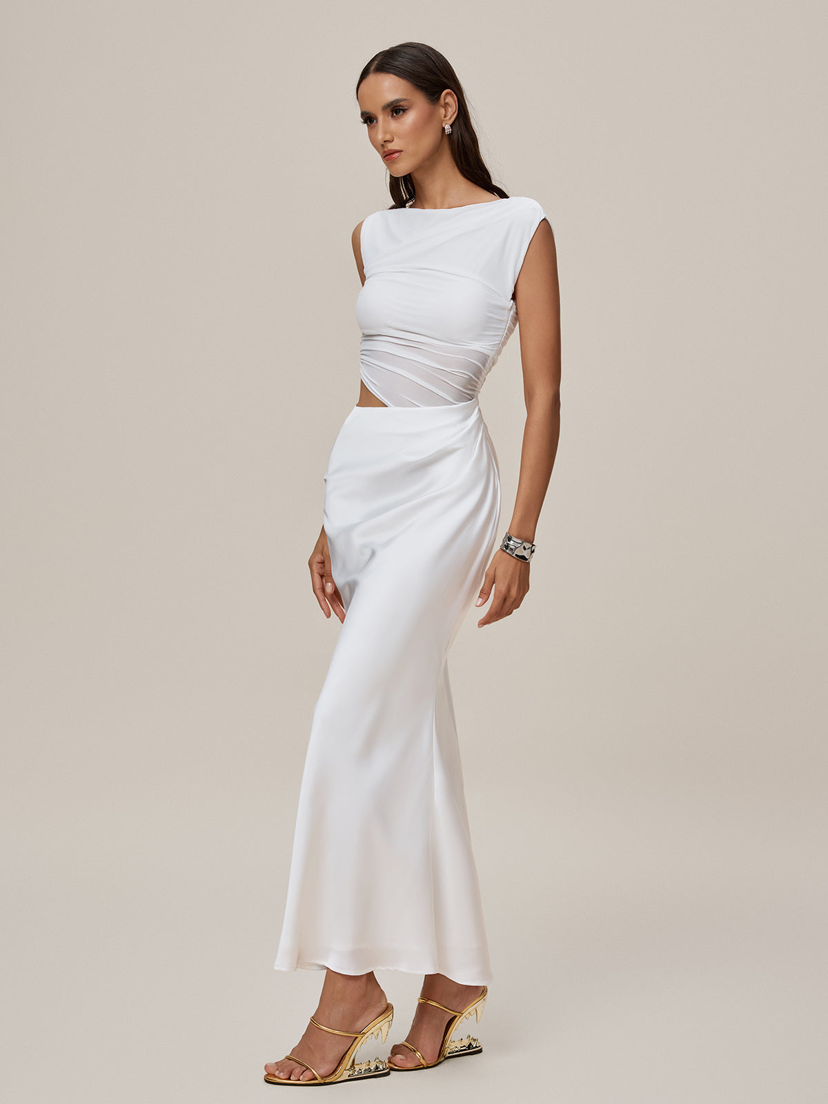 Oprah Sleeveless Cutout Ruched Maxi Dress