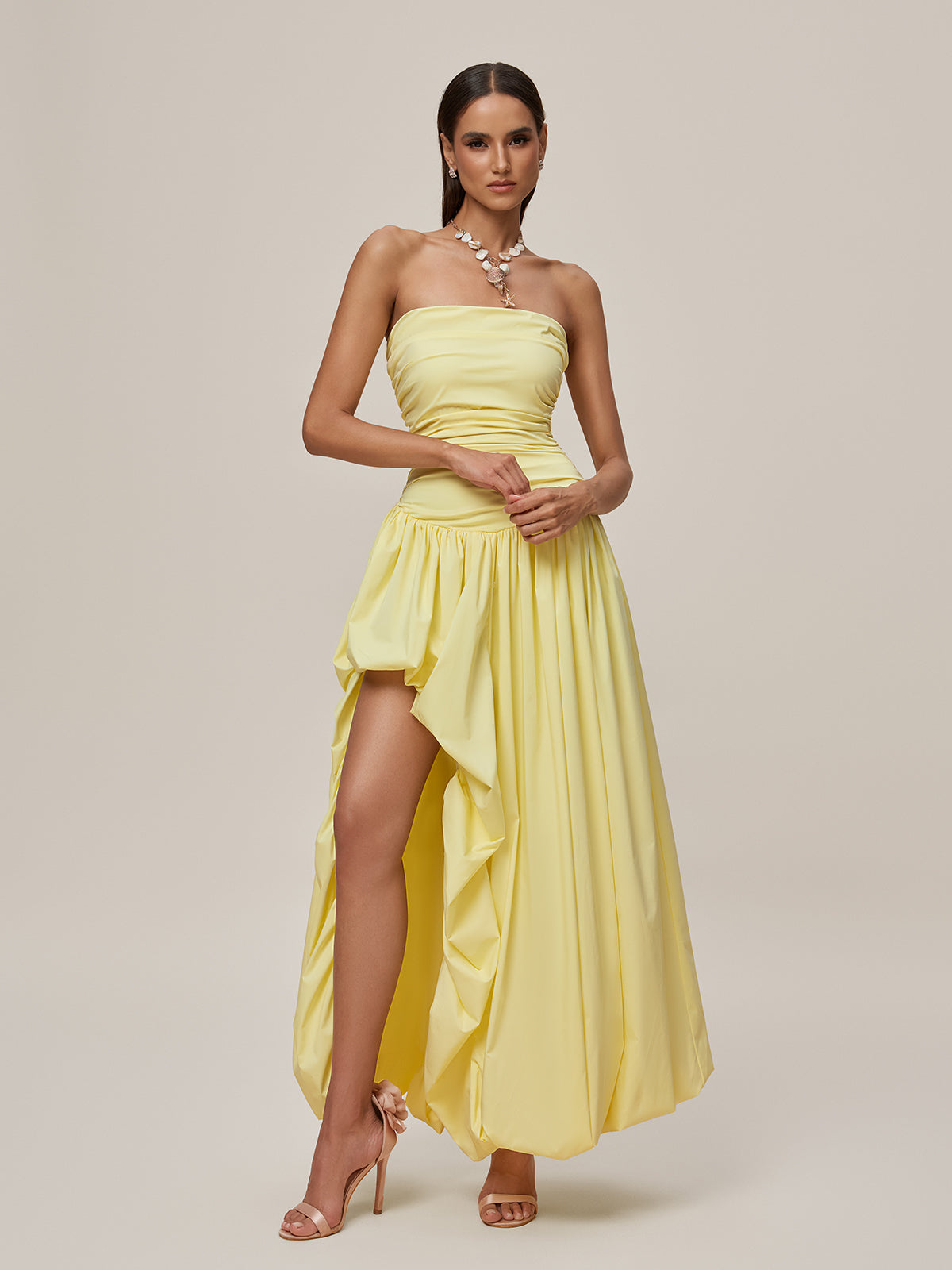Oracle Strapless Lace Up Bubble Maxi Dress