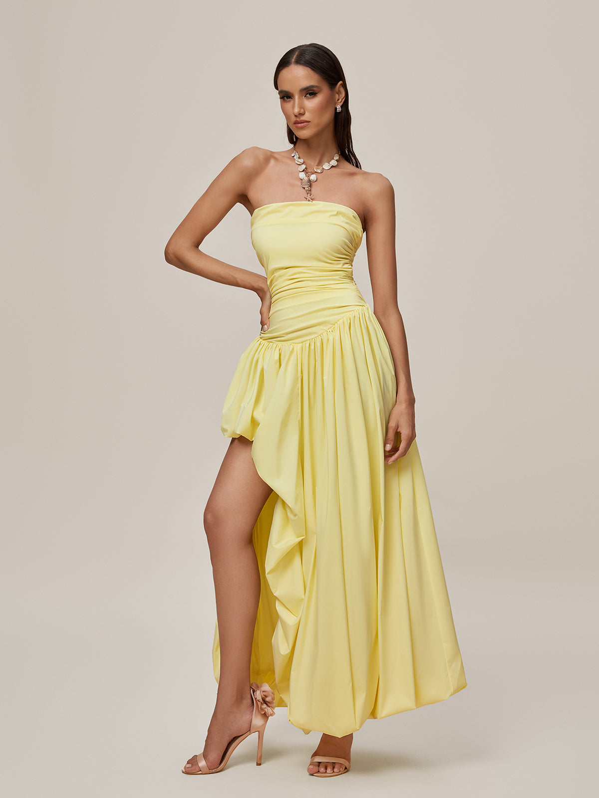 Oracle Strapless Lace Up Bubble Maxi Dress