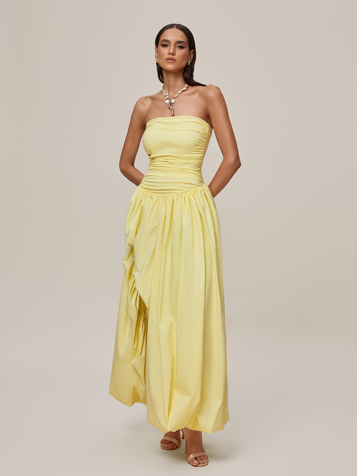 Oracle Strapless Lace Up Bubble Maxi Dress