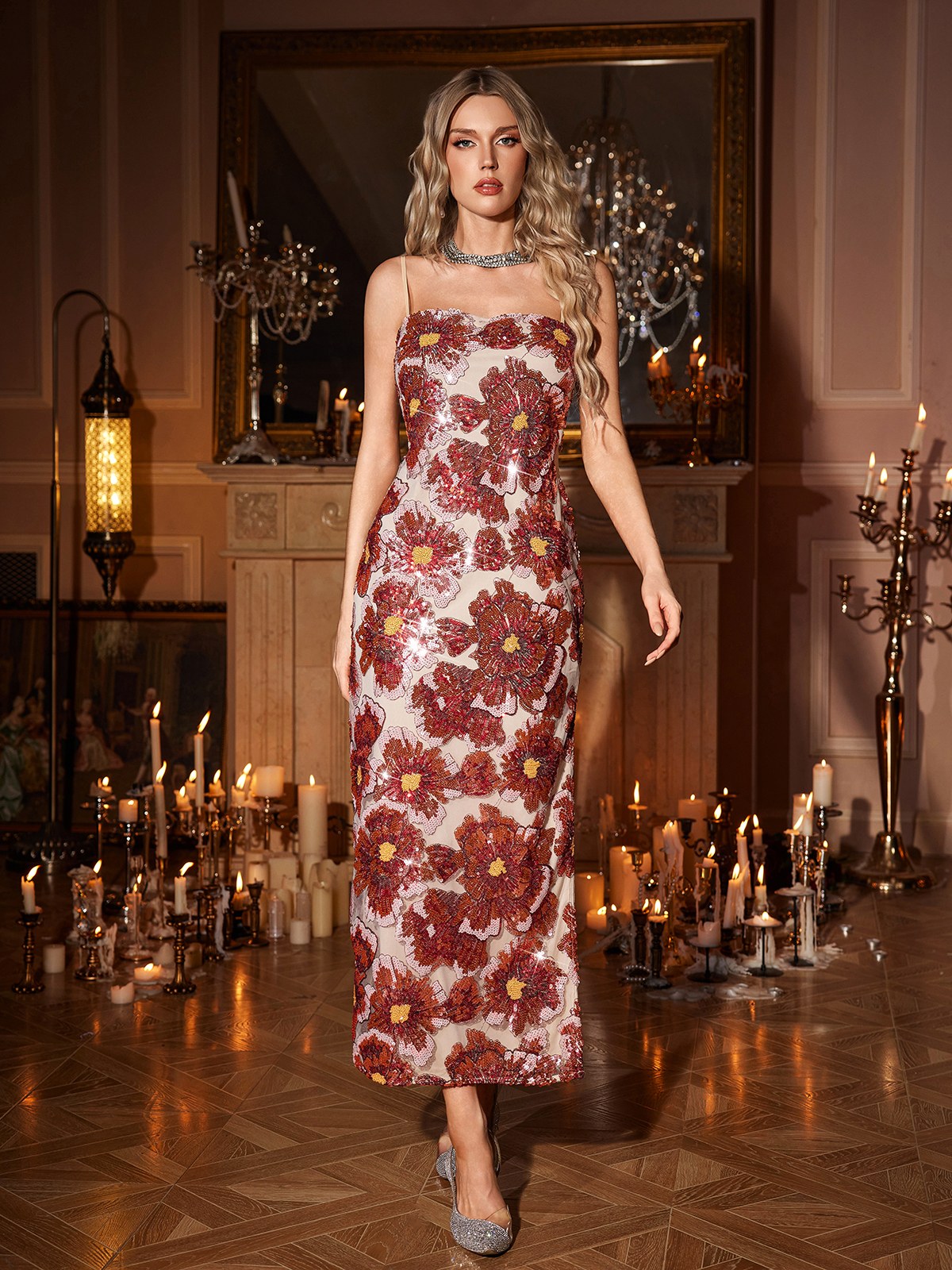 Osbert Floral Sequin Midi Dress