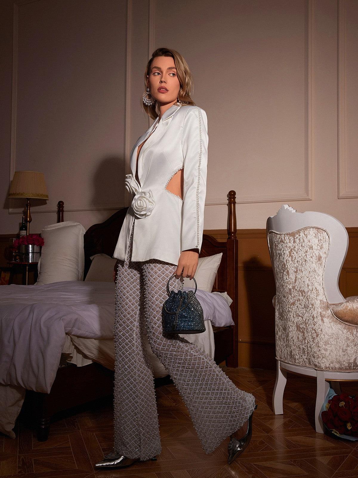 Ossie Pearl Embellished Flower Cutout Blazer Set