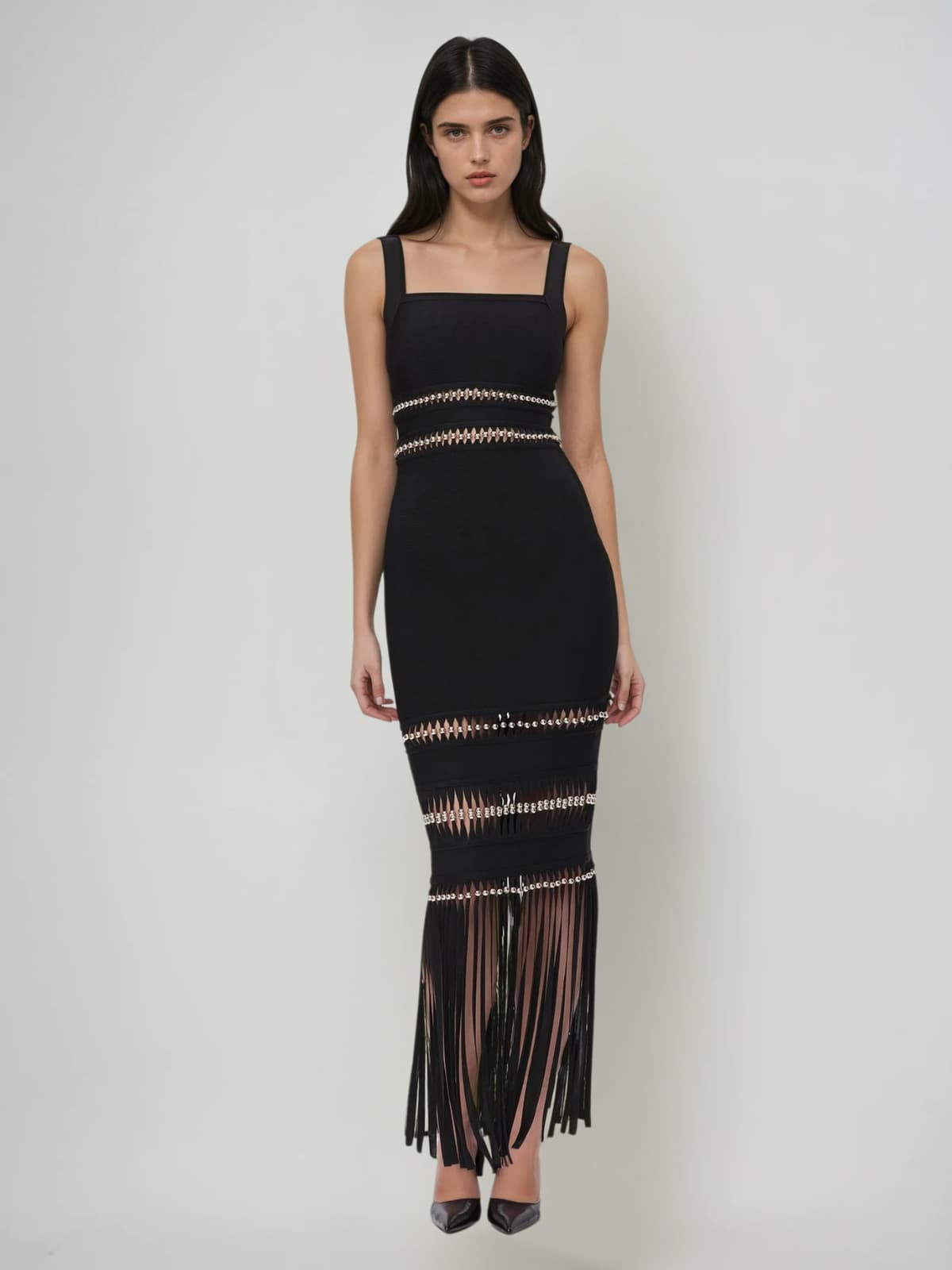 Ouida Cutout Fringe Maxi Dress In Black