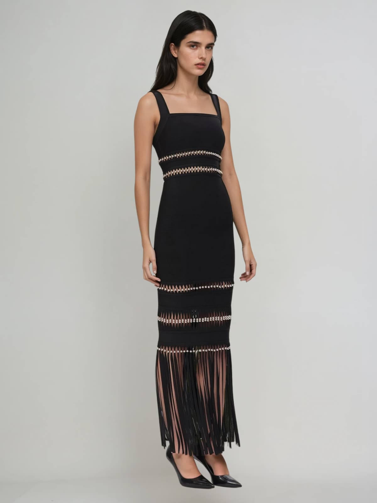 Ouida Cutout Fringe Maxi Dress In Black
