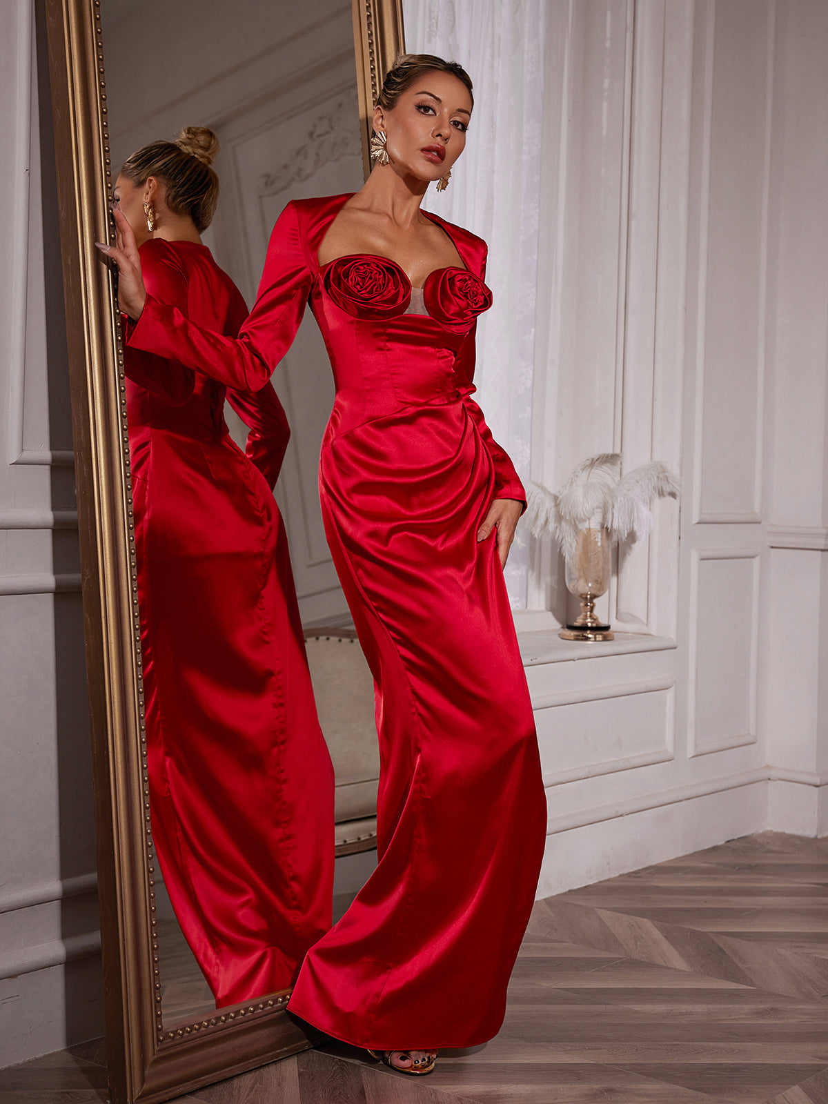 Ozuru Long Sleeve Flower Satin Dress