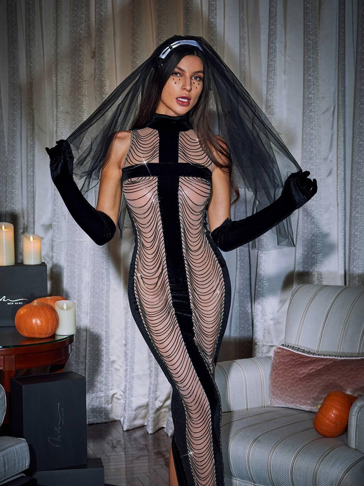 Pablo High Neck Chain Fringe Maxi Dress With Gloves In Black