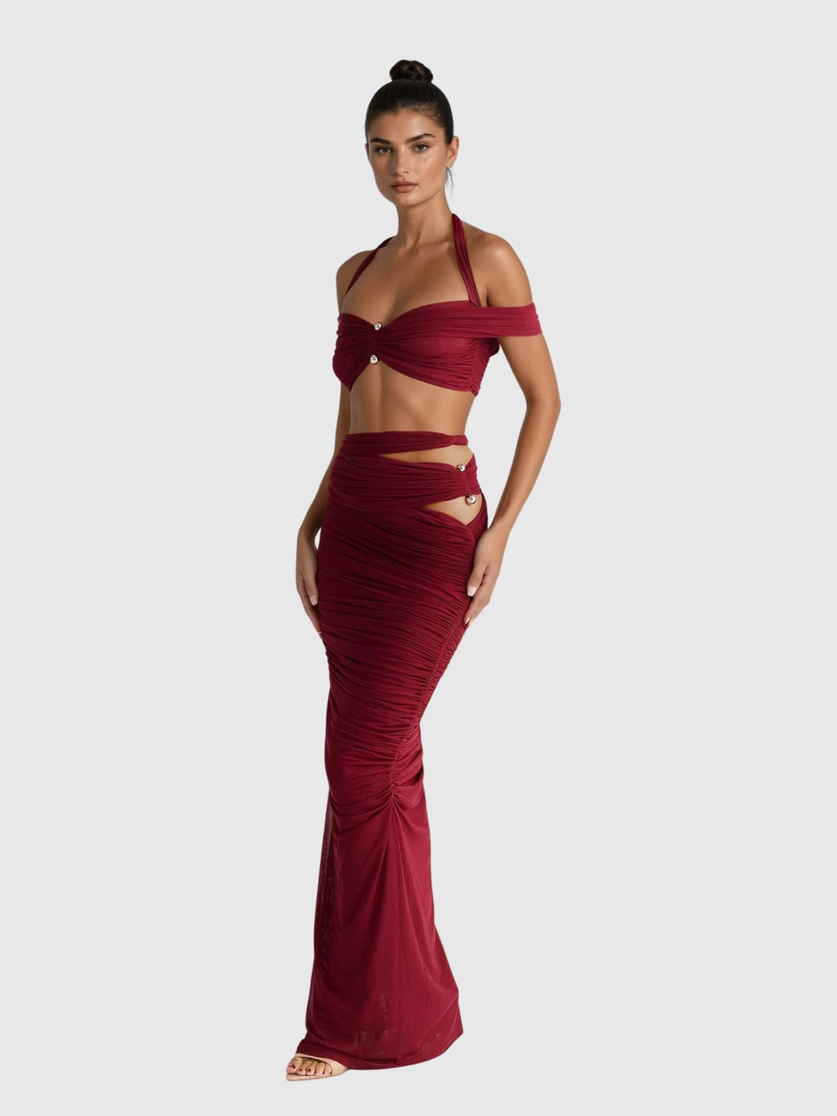 Paelyth Off Shoulder Cutout Ruched Skirt Set