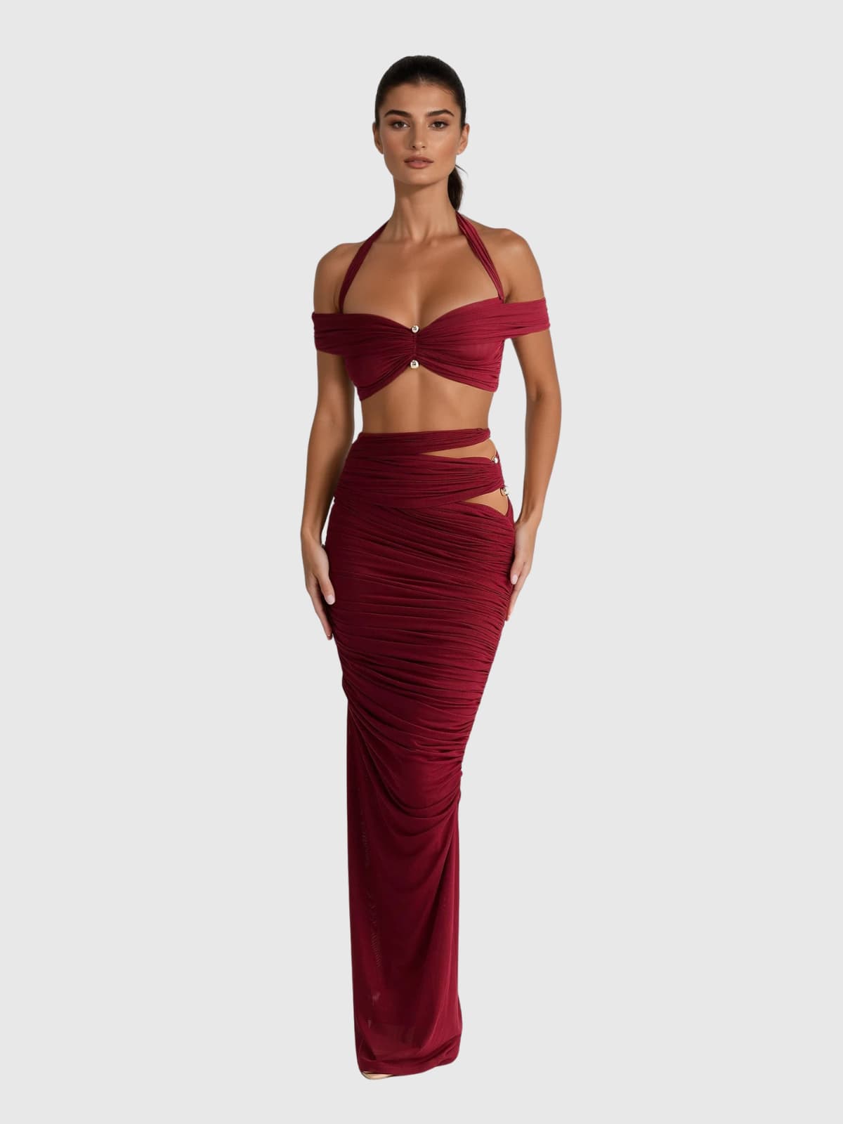 Paelyth Off Shoulder Cutout Ruched Skirt Set