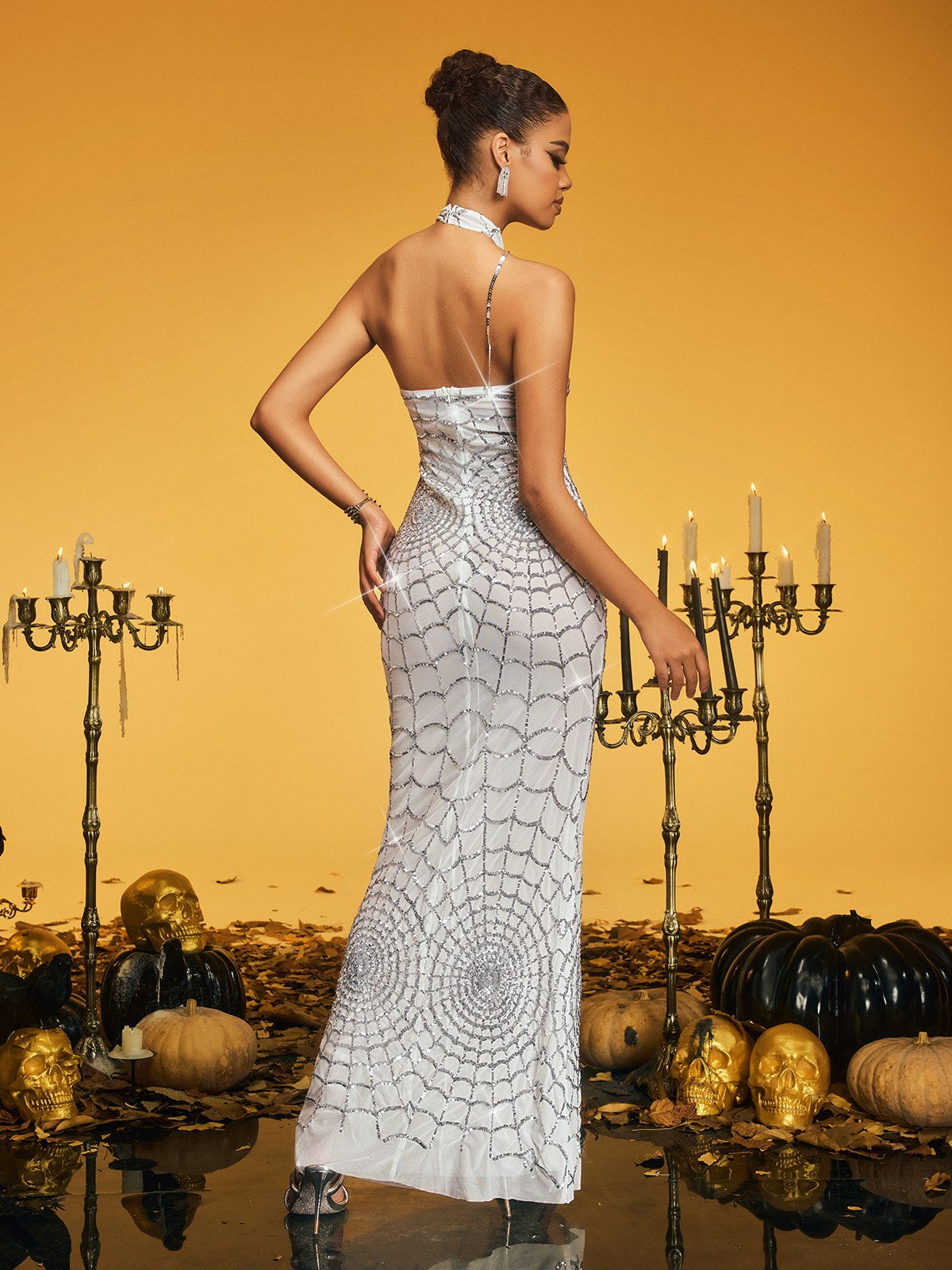 Pagan Halterneck Sequin Cobweb Maxi Dress