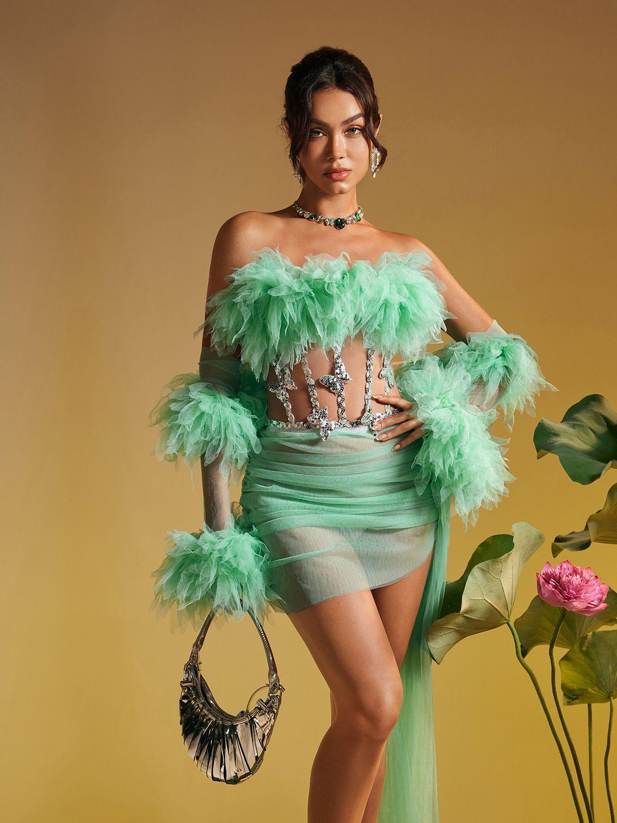 Paige Tulle Trimmed Draped Skirt Set