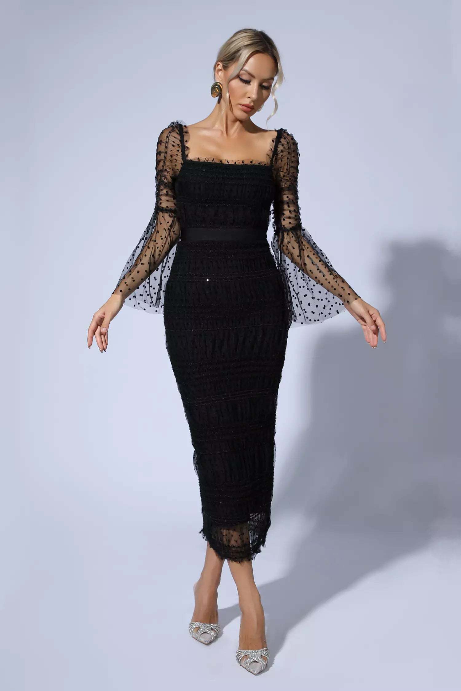 Polka Dot Black Mesh Midi Dress