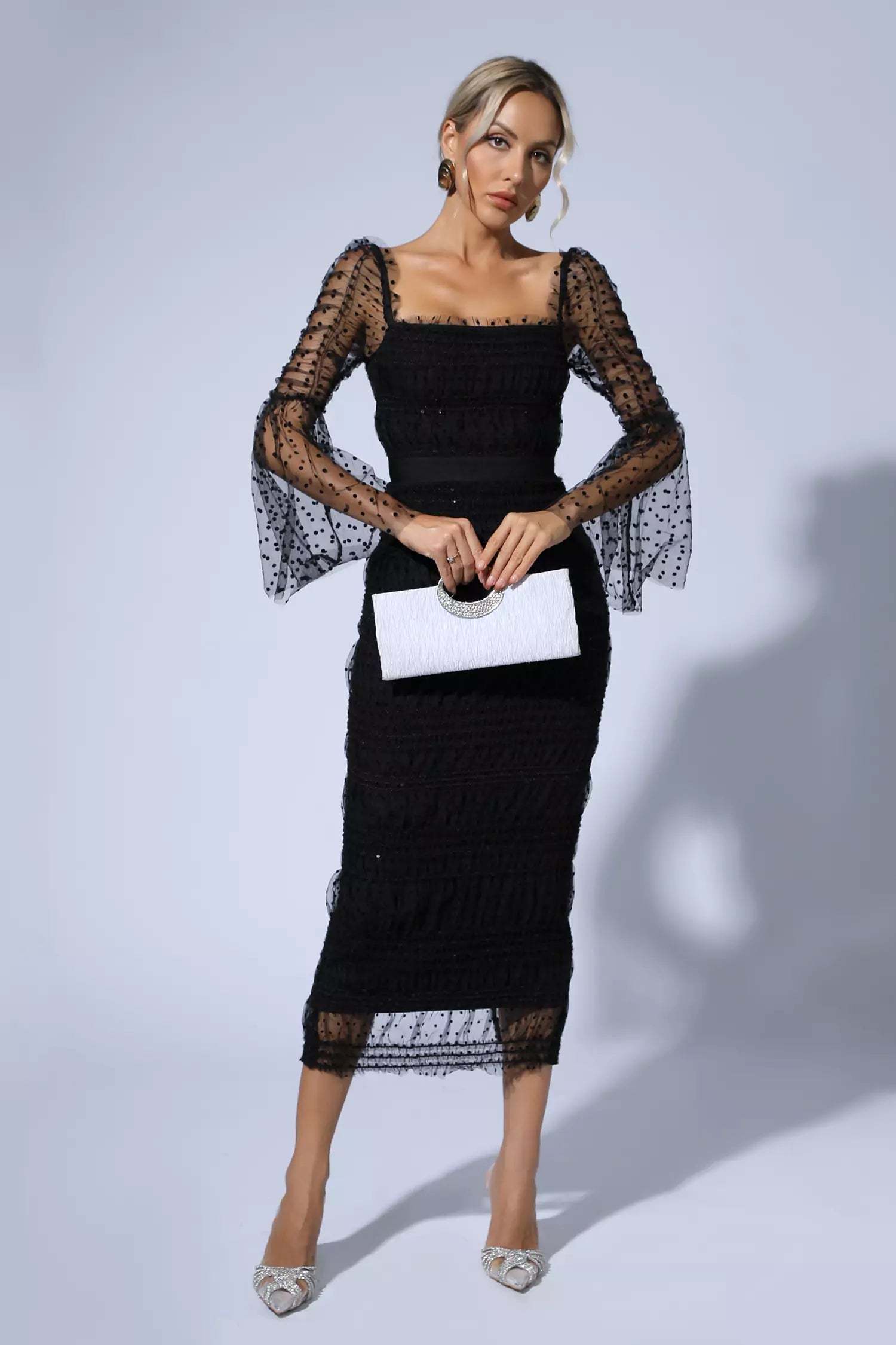 Polka Dot Black Mesh Midi Dress