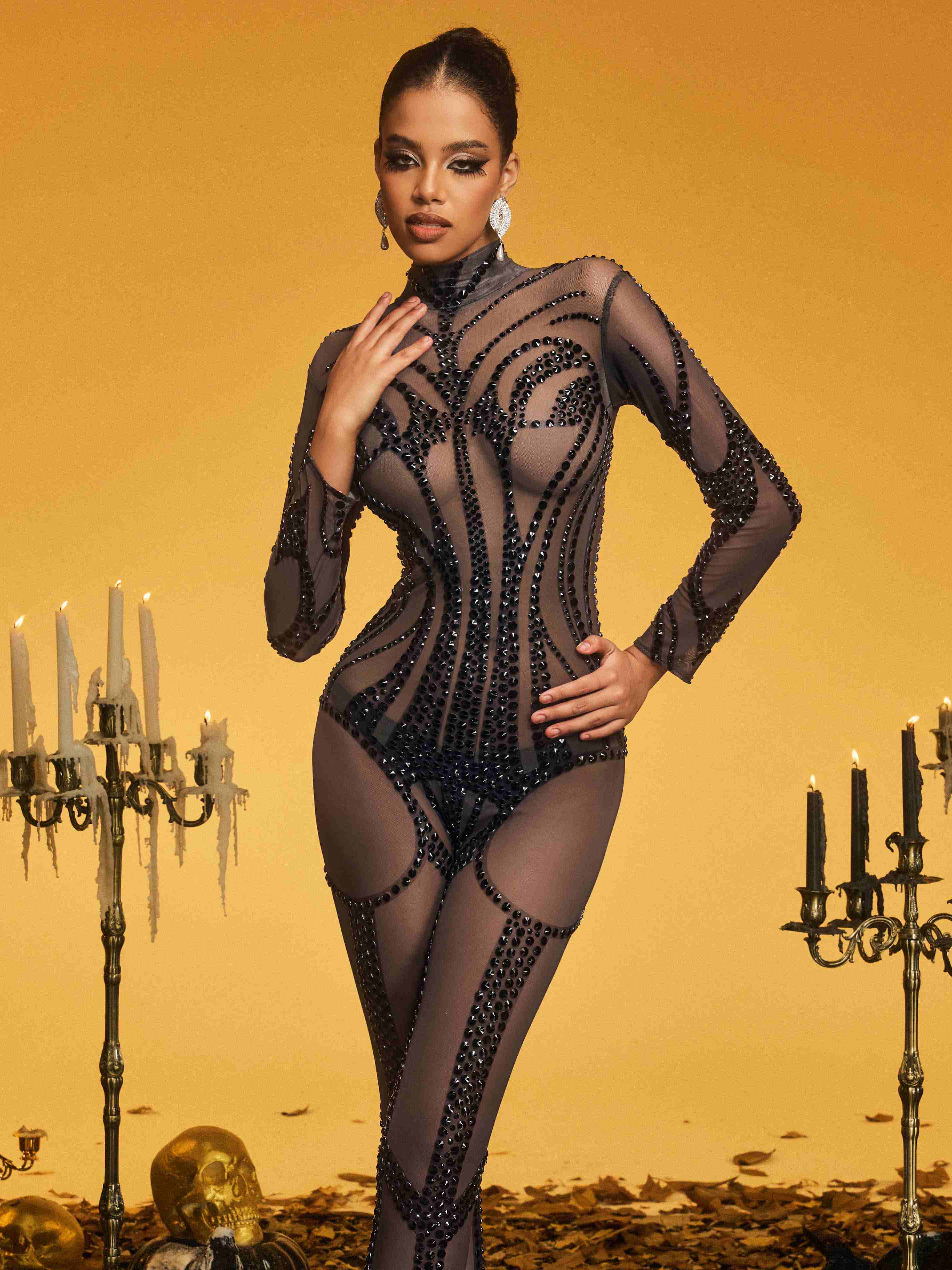 Pamuel Rhinestone Mesh Jumpsuit