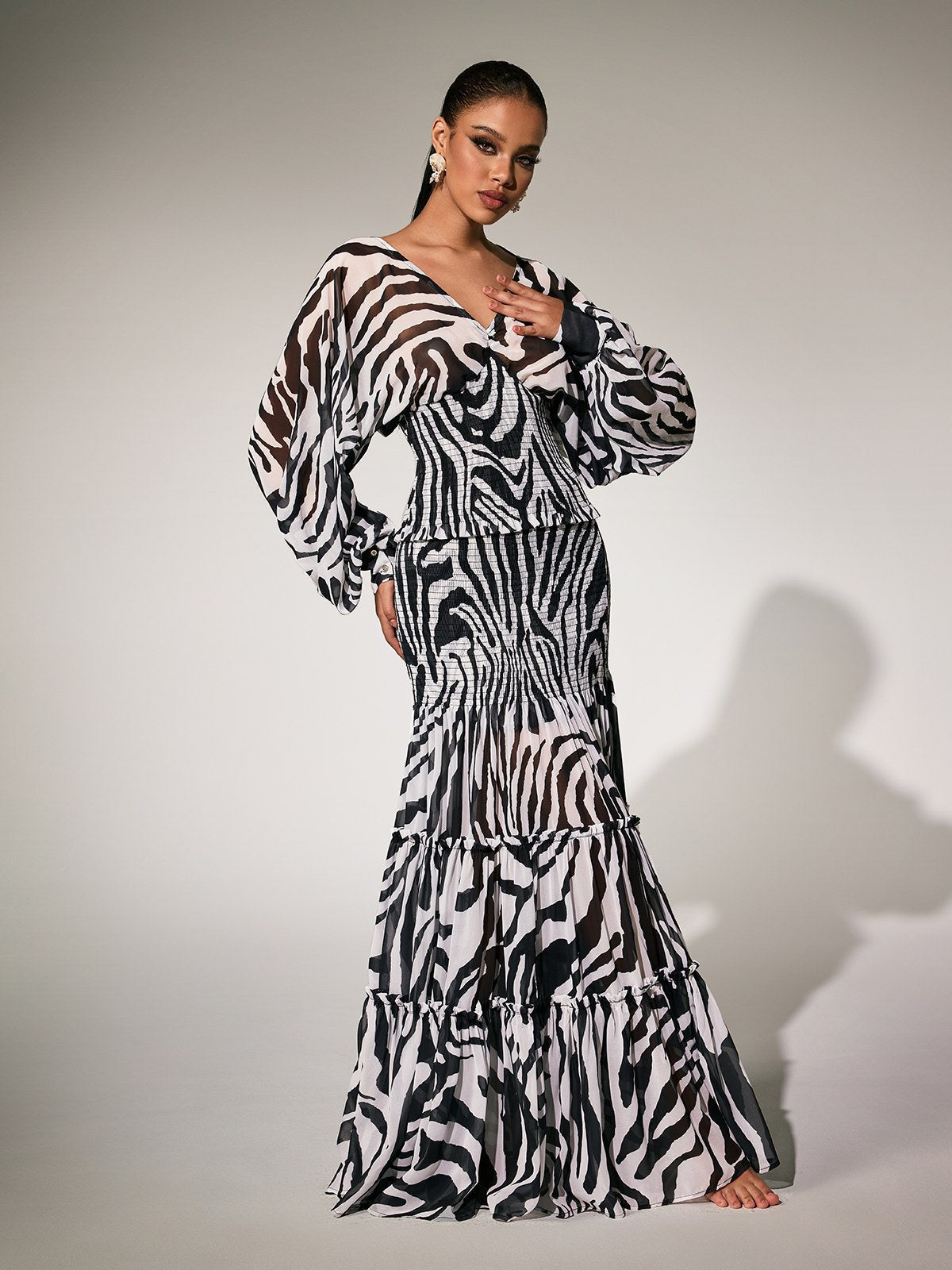 Panthea V Neck Zebra Skirt Set