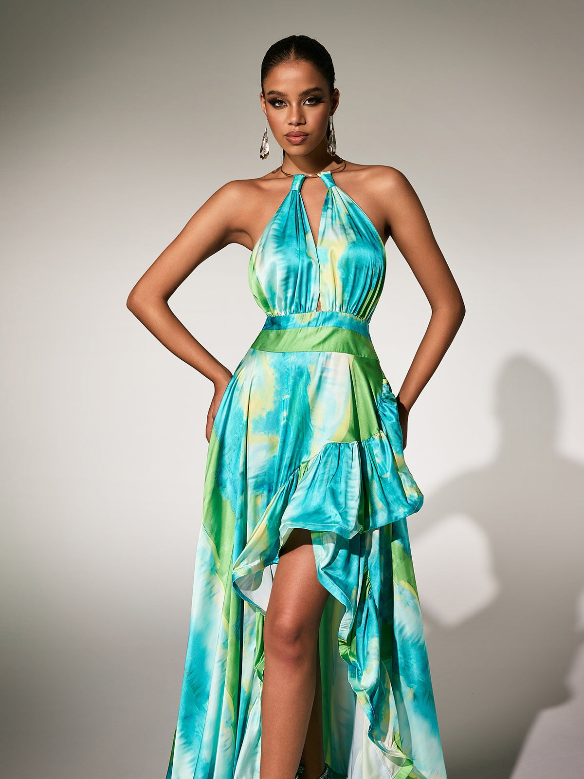 Paras Halterneck Printed Ruffle Maxi Dress