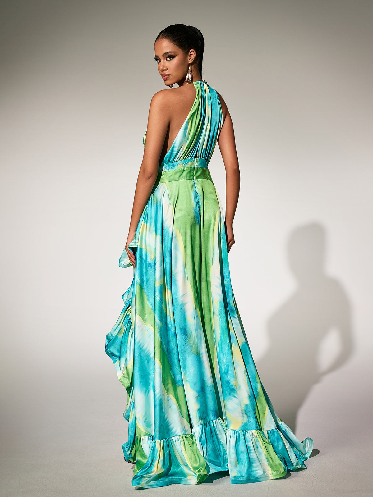 Paras Halterneck Printed Ruffle Maxi Dress