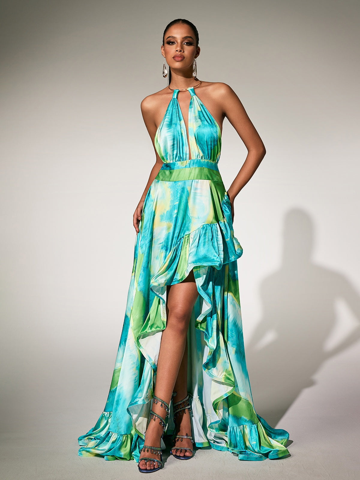 Paras Halterneck Printed Ruffle Maxi Dress