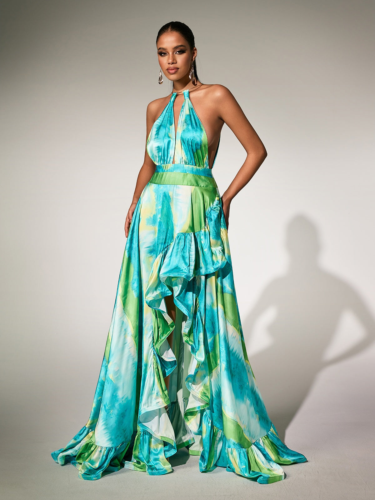 Paras Halterneck Printed Ruffle Maxi Dress