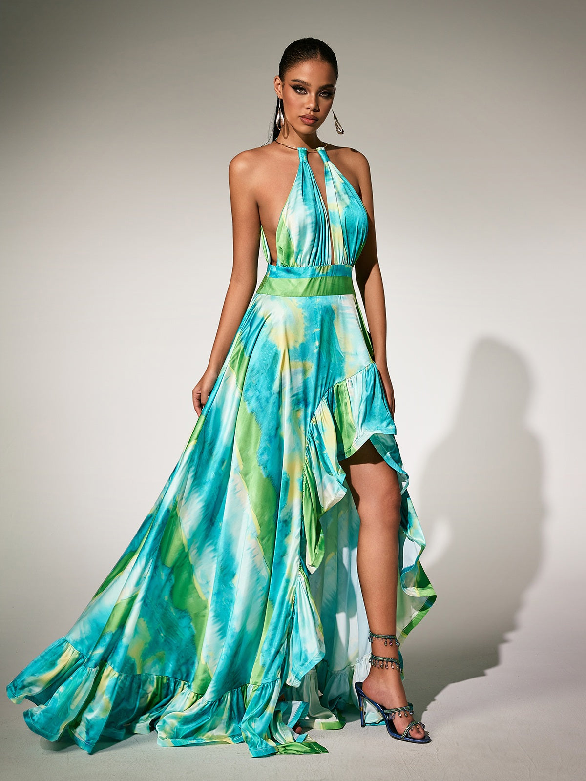 Paras Halterneck Printed Ruffle Maxi Dress