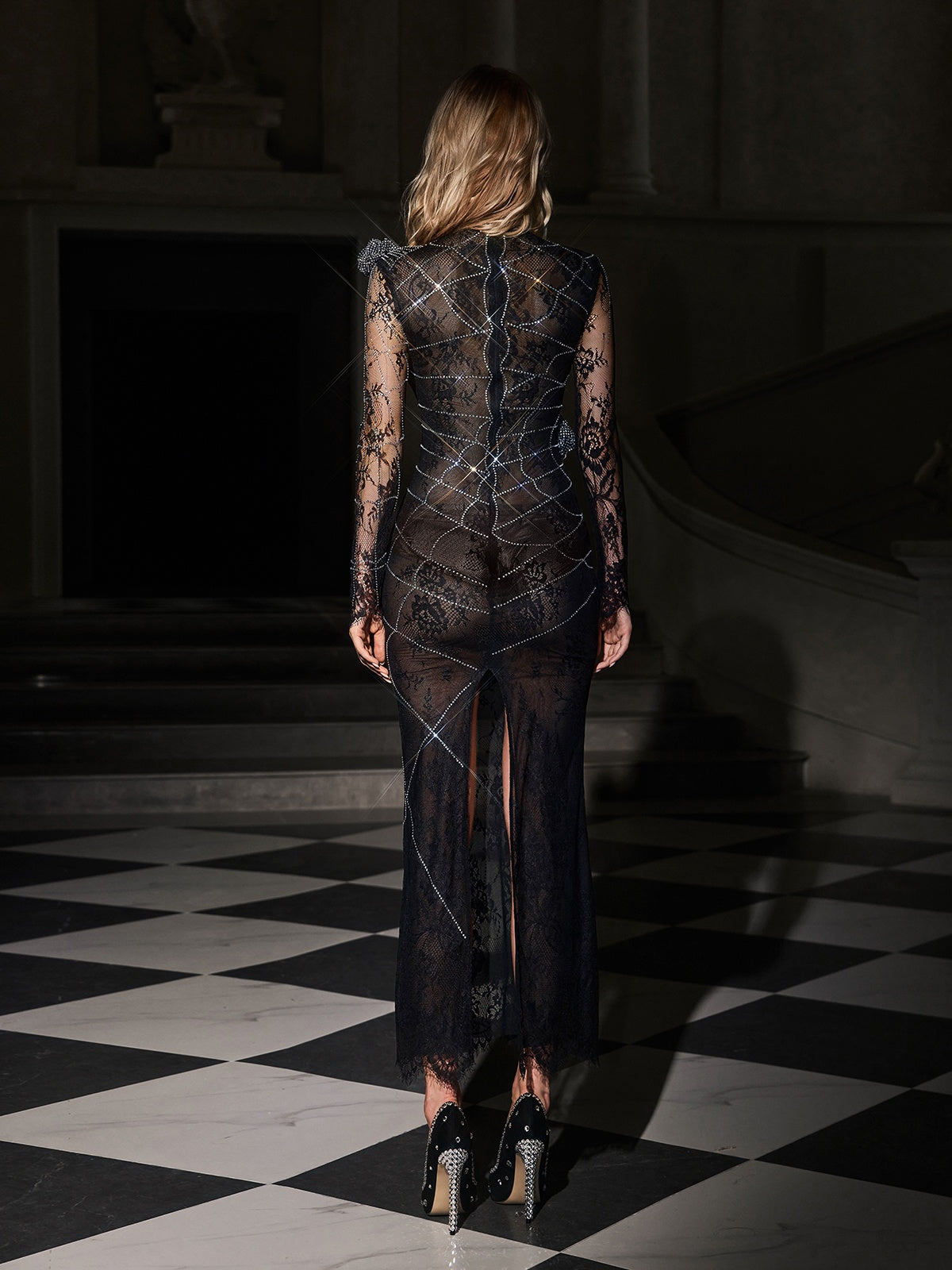 Pexmir Rhinestone Cobweb Split Maxi Dress