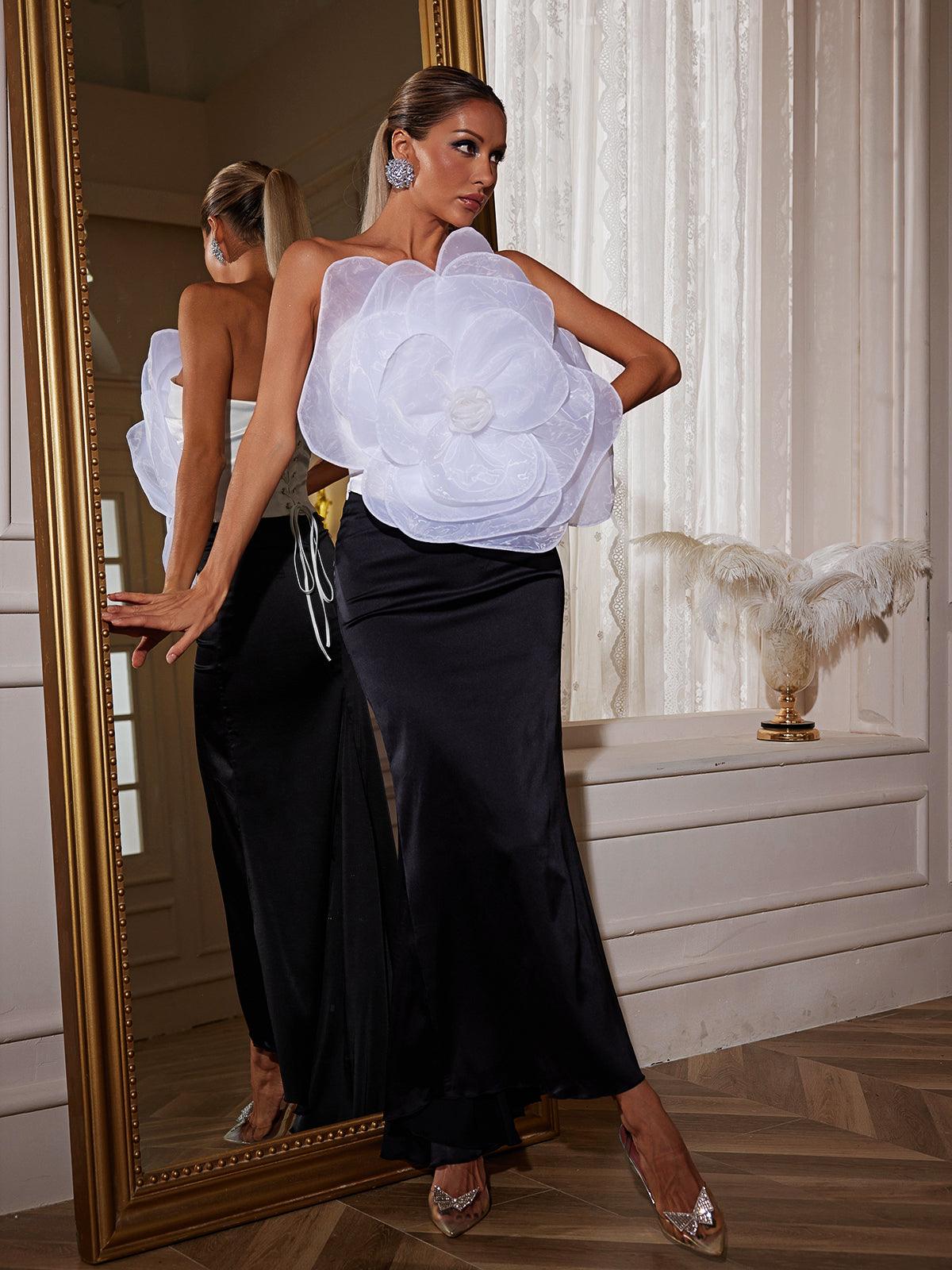 Pierre One Shoulder Flower Satin Dress