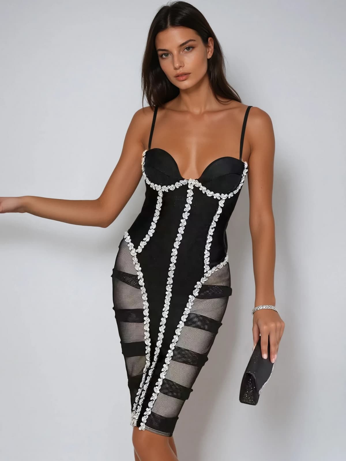 Plthrion Spaghetti Crystal Midi Dress