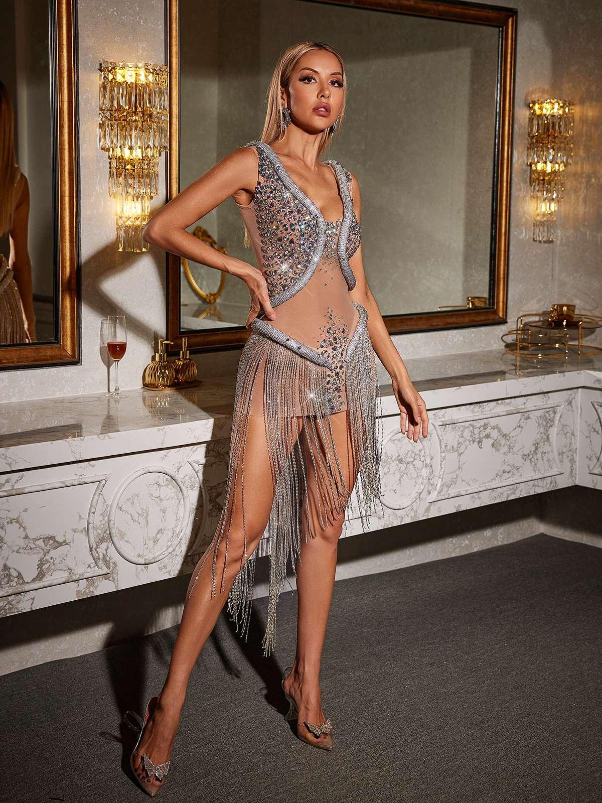 Pluto V Neck Snake Crystal Frige Mini Dress