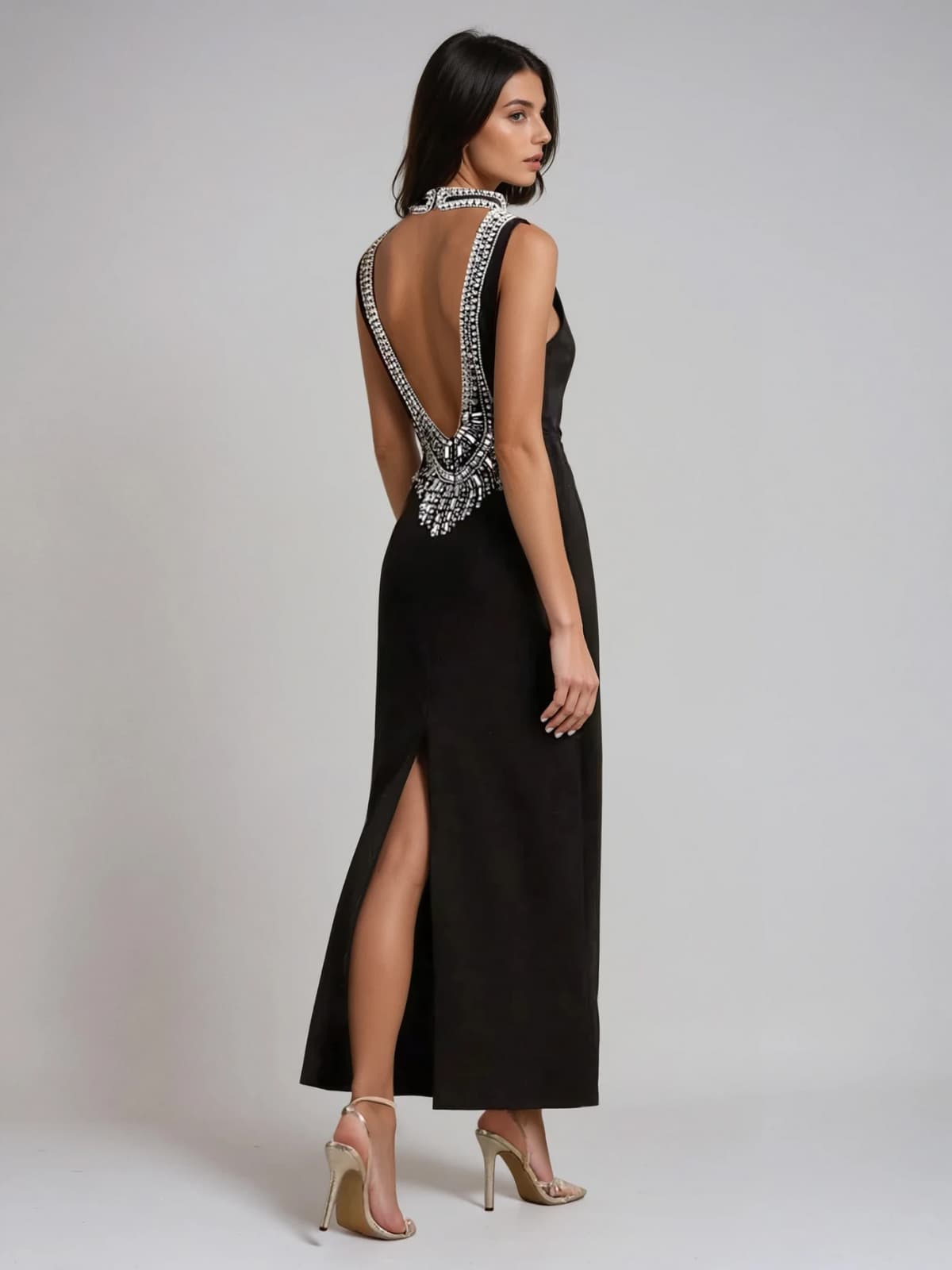 Plyxra Backless Crystal Split Maxi Dress
