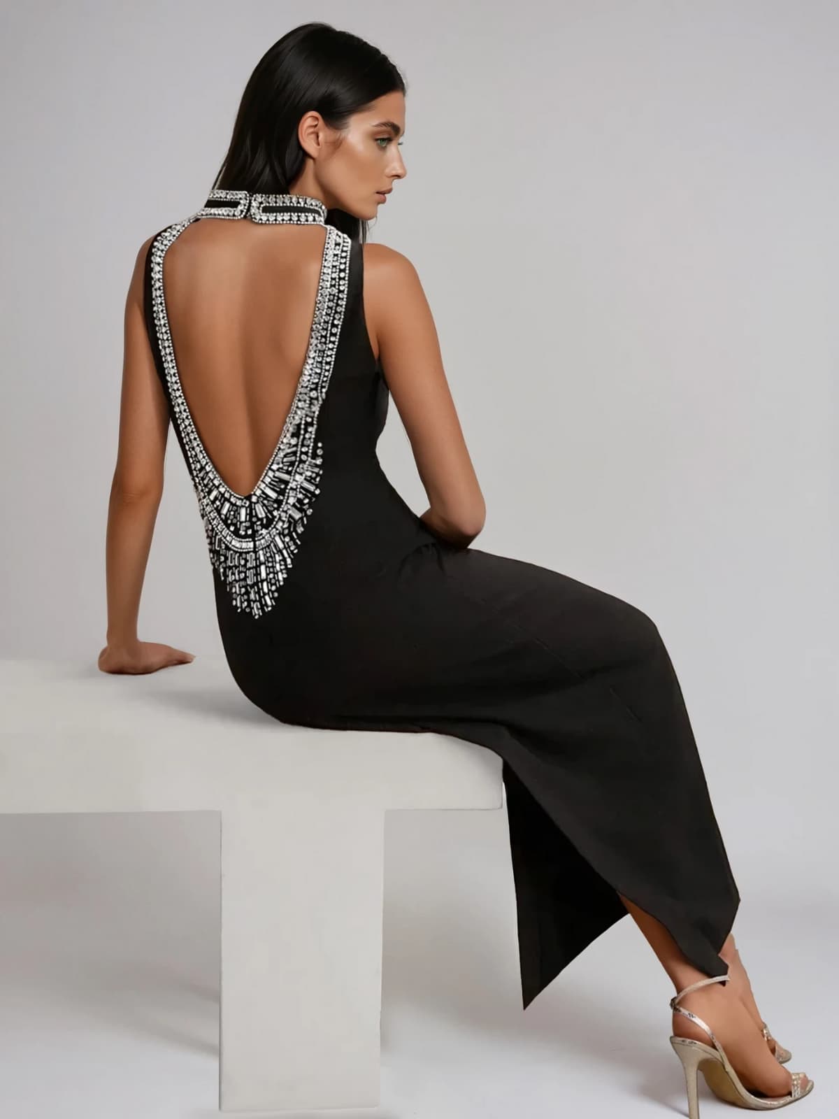 Plyxra Backless Crystal Split Maxi Dress
