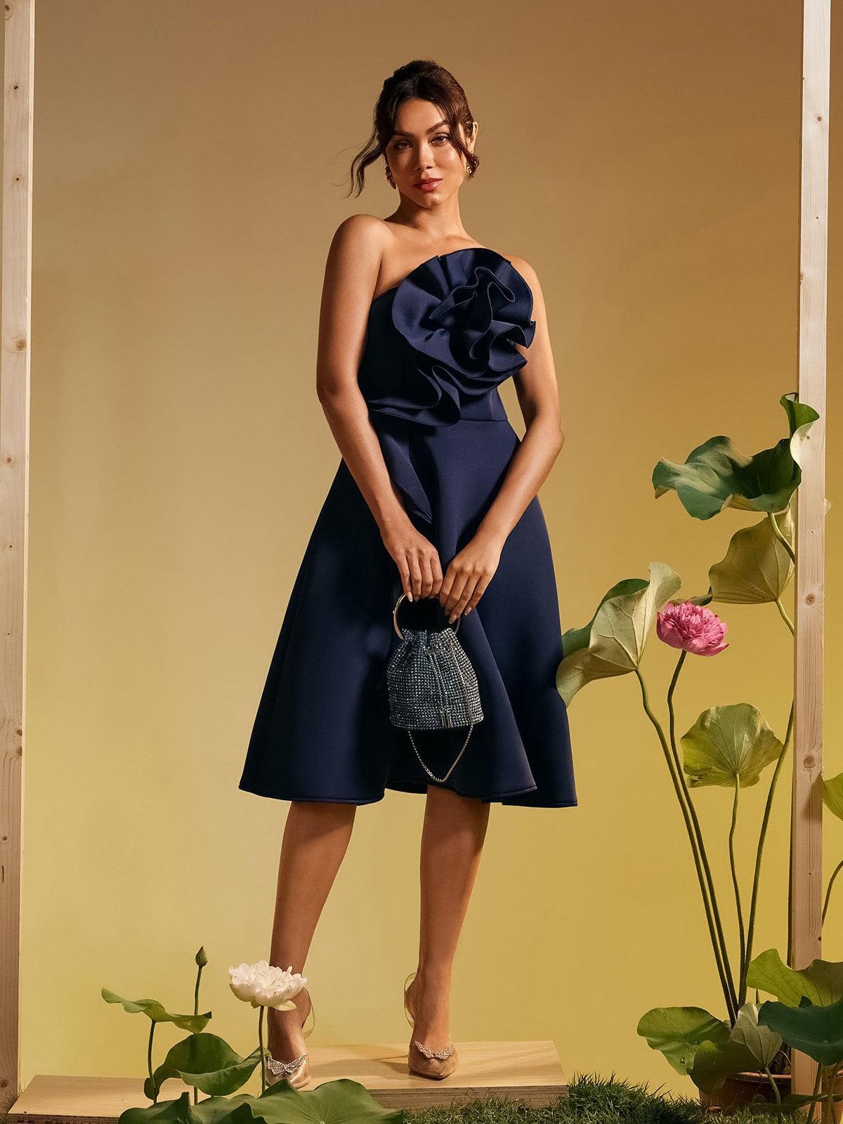 Polly Strapless Flower Ruched Midi Dress