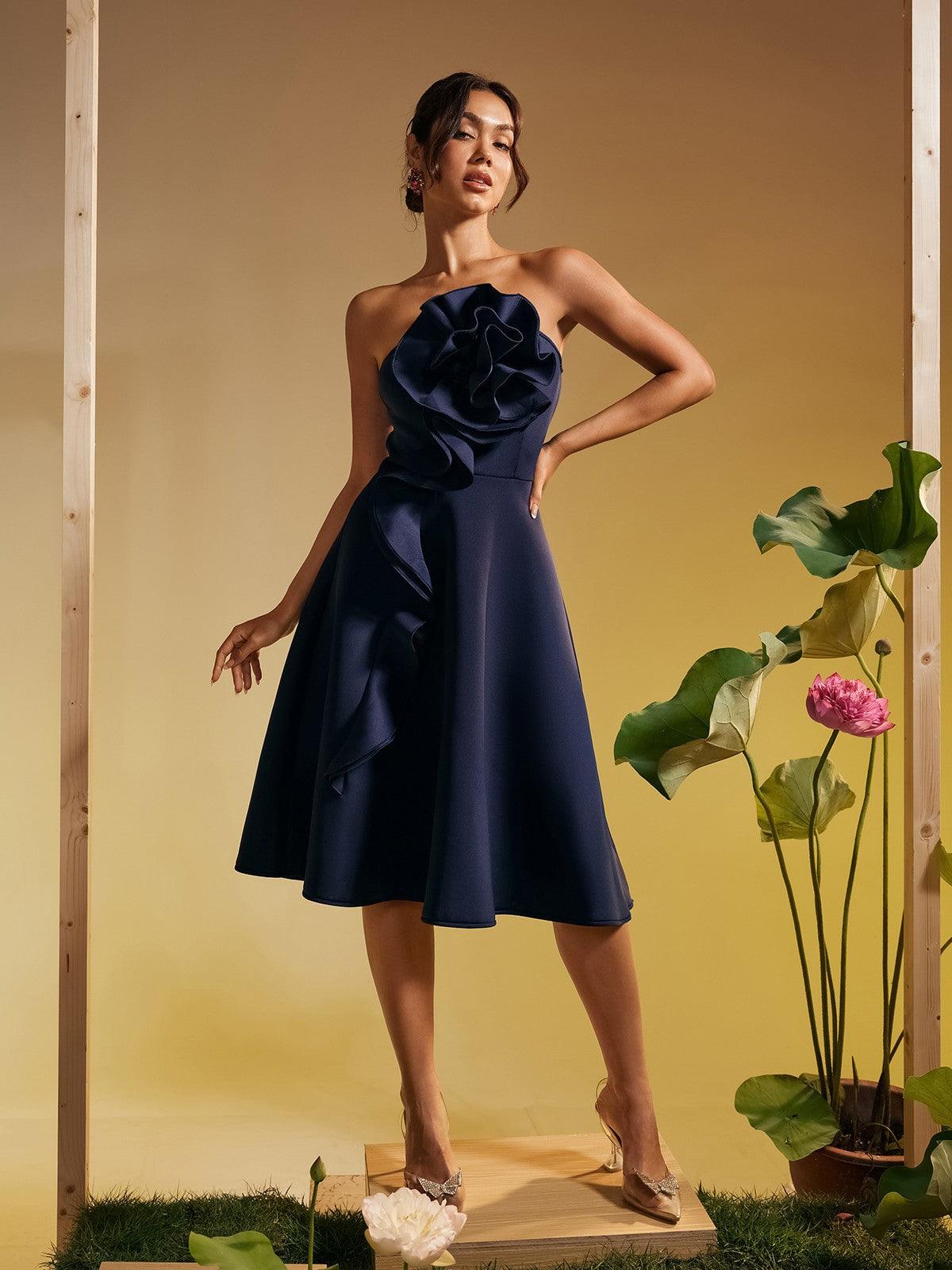 Polly Strapless Flower Ruched Midi Dress