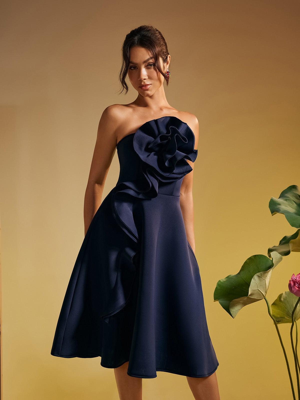 Polly Strapless Flower Ruched Midi Dress