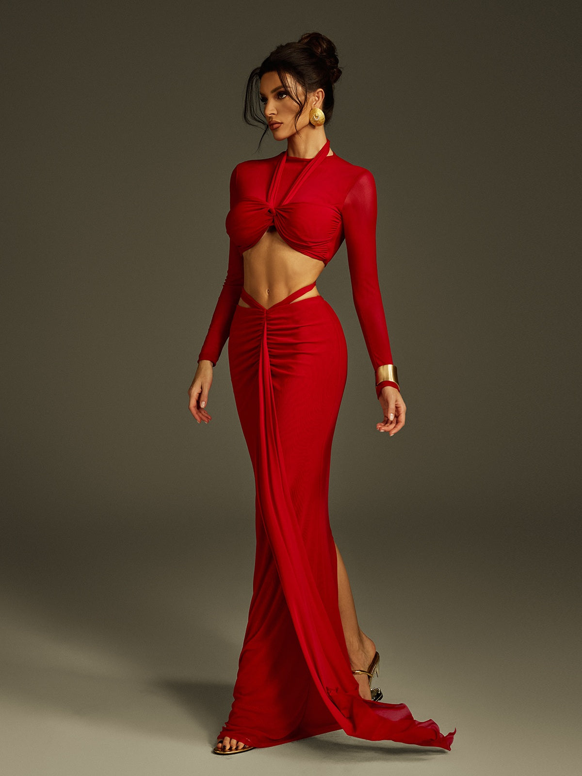 Pryssa Long Sleeve Ruched Draped Skirt Set