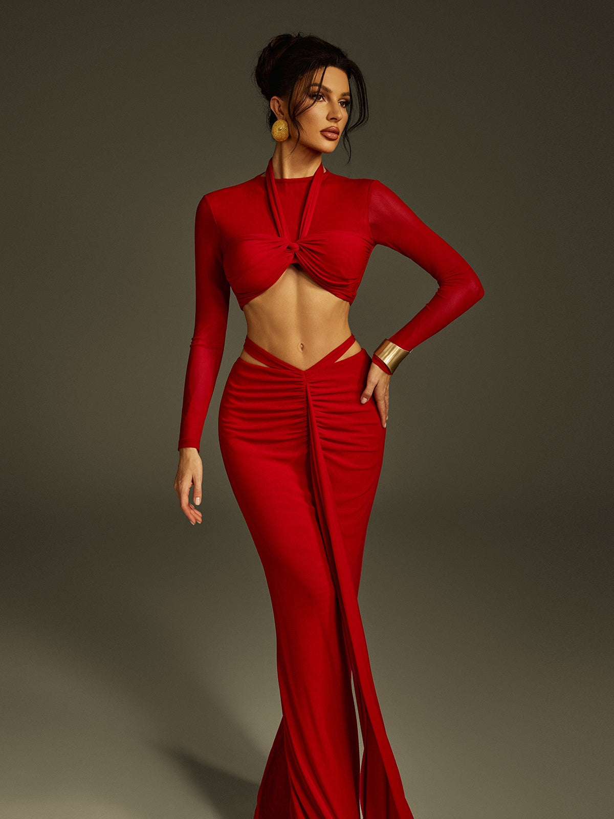 Pryssa Long Sleeve Ruched Draped Skirt Set