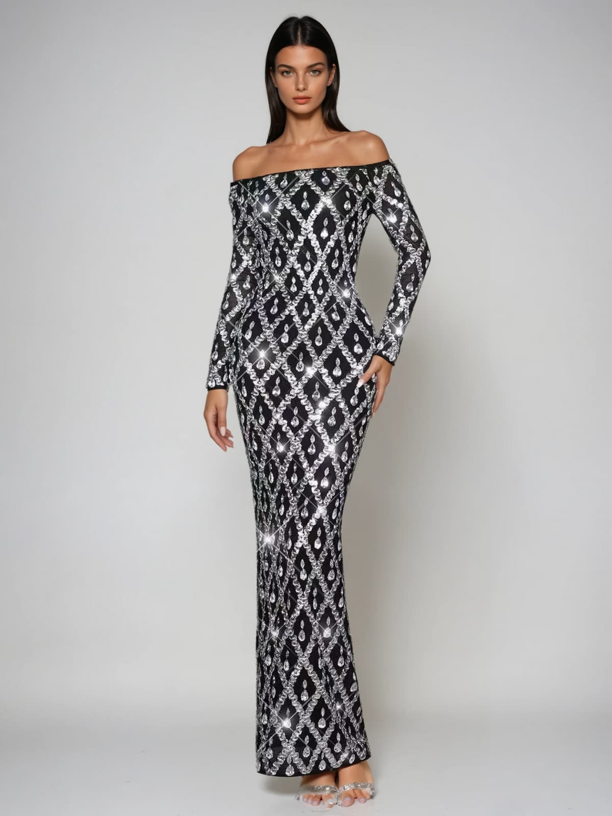 Liora Off Shoulder Crystal Maxi Dress