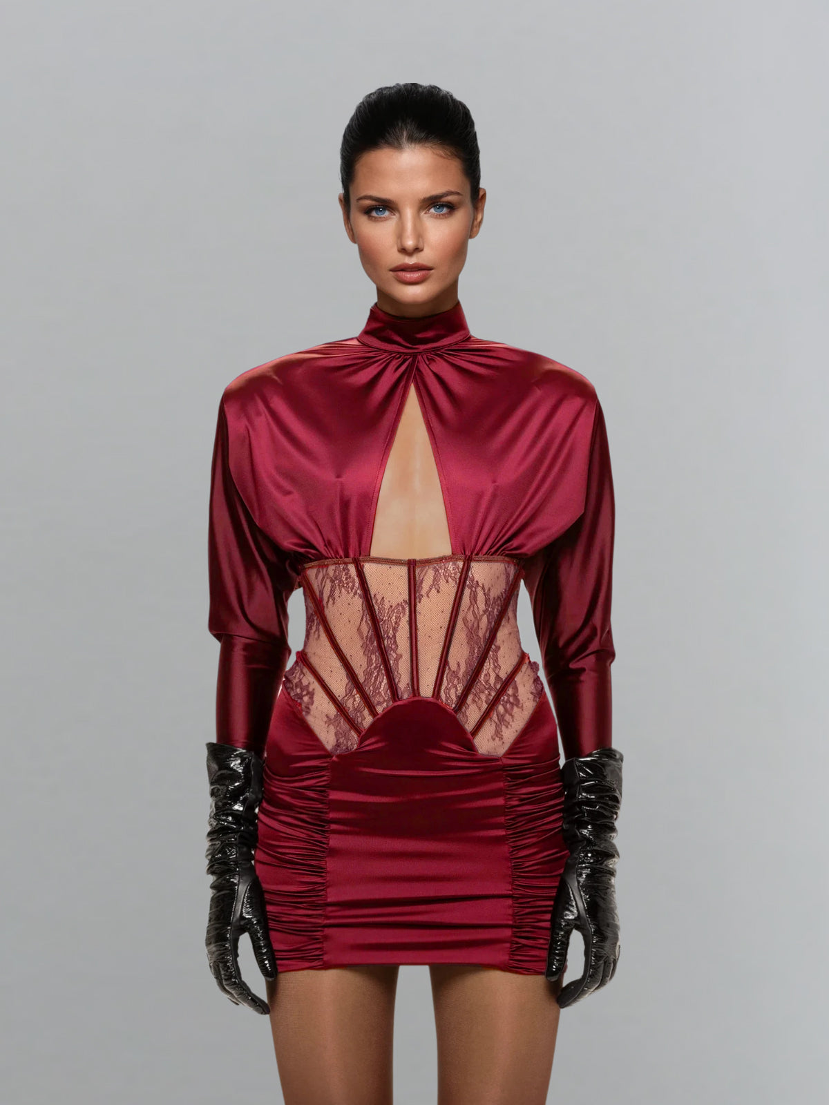 Pzrik High Neck Cutout Ruched Mini Dress