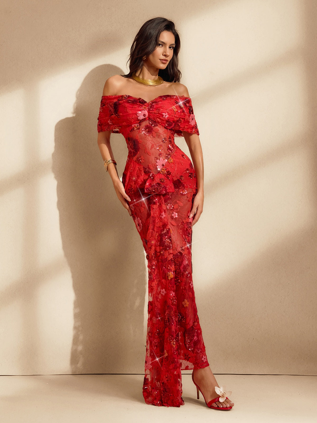Qaelyara Off Shoulder Floral Sequin Maxi Dress