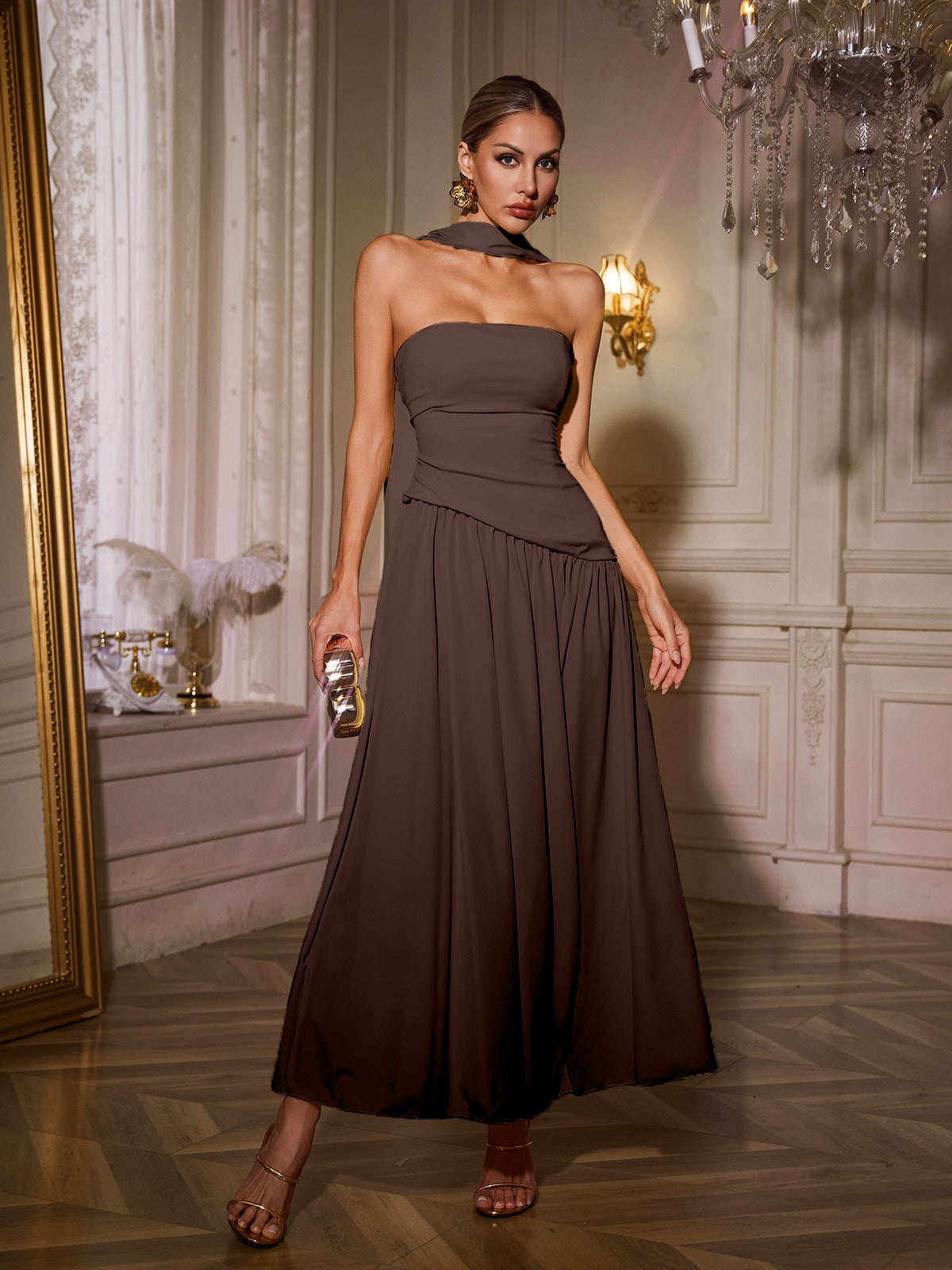 Qryxan Strapless Draped Split Maxi Dress In Brown