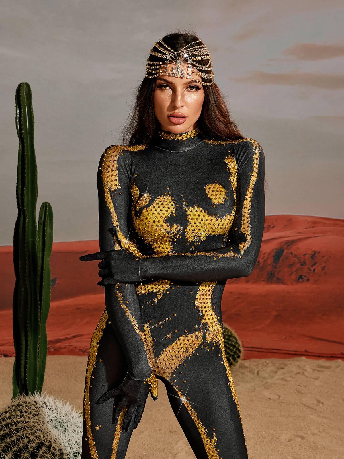 Radek Body Printed Rhinestone Gloves Jumpsuit In Gold
