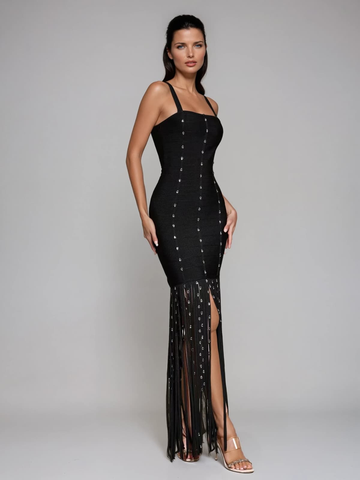 Raeldriel Crystal Fringe Bandage Maxi Dress