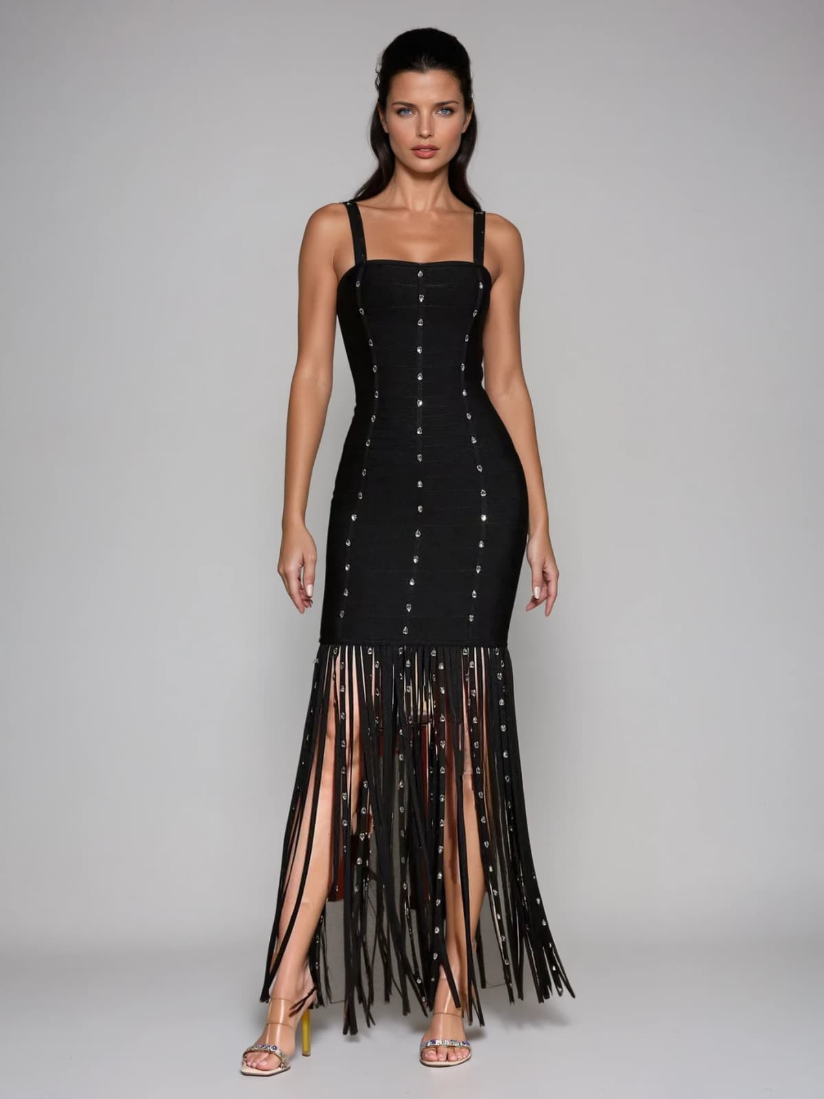 Raeldriel Crystal Fringe Bandage Maxi Dress