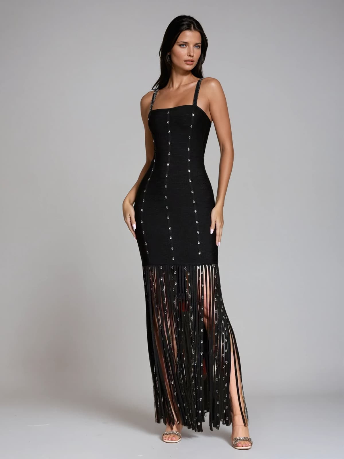 Raeldriel Crystal Fringe Bandage Maxi Dress