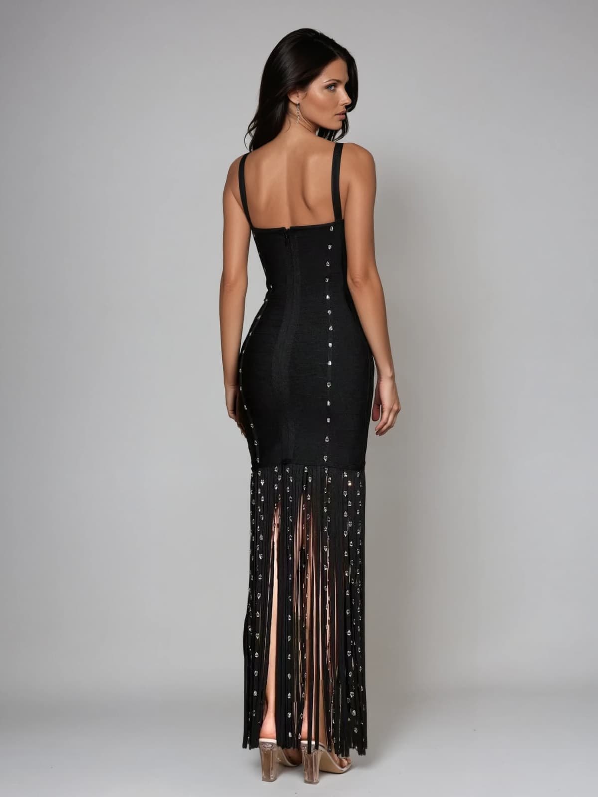 Raeldriel Crystal Fringe Bandage Maxi Dress