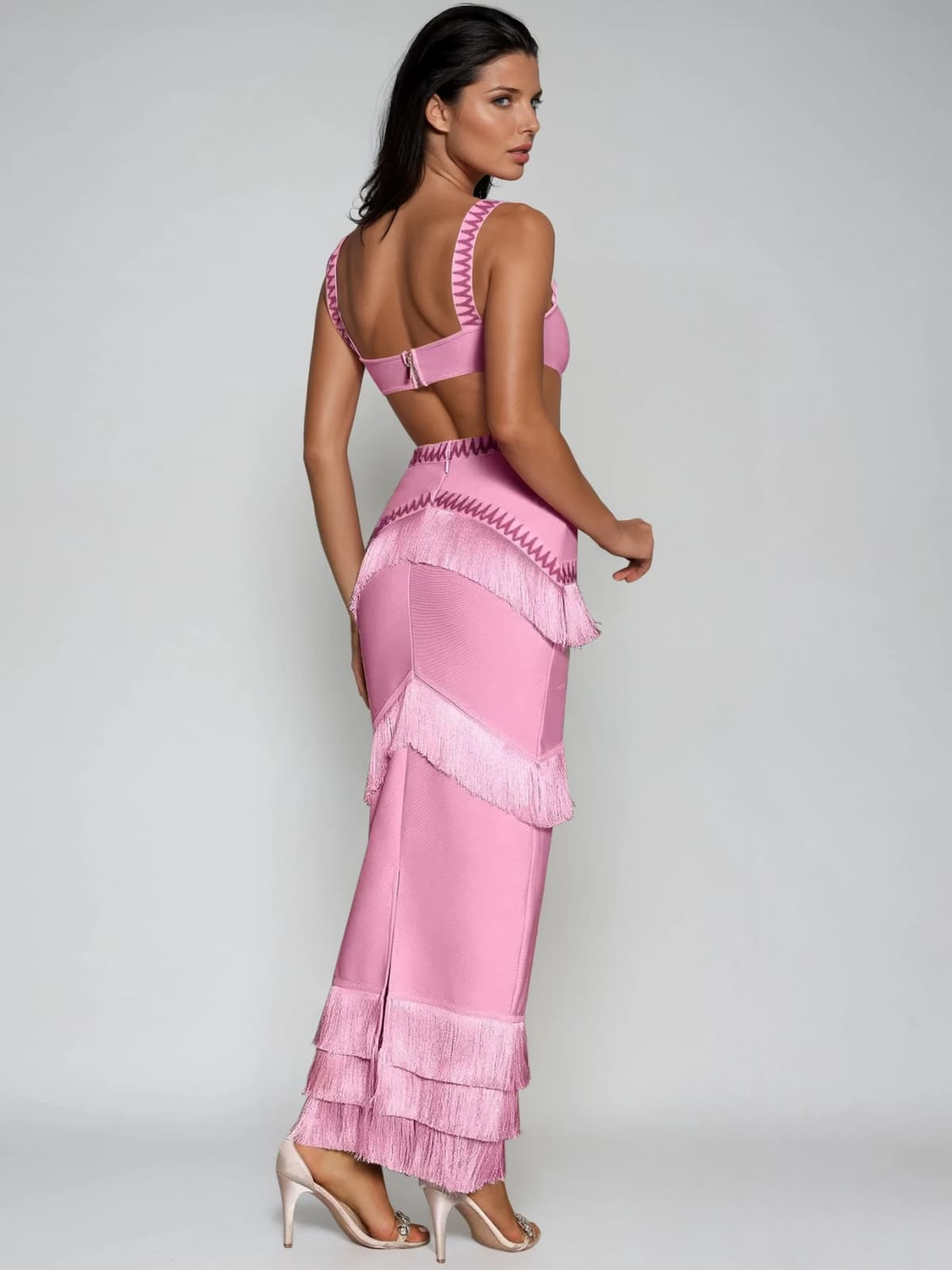 Raeldrin Cutout Fringe Bandage Maxi Dress
