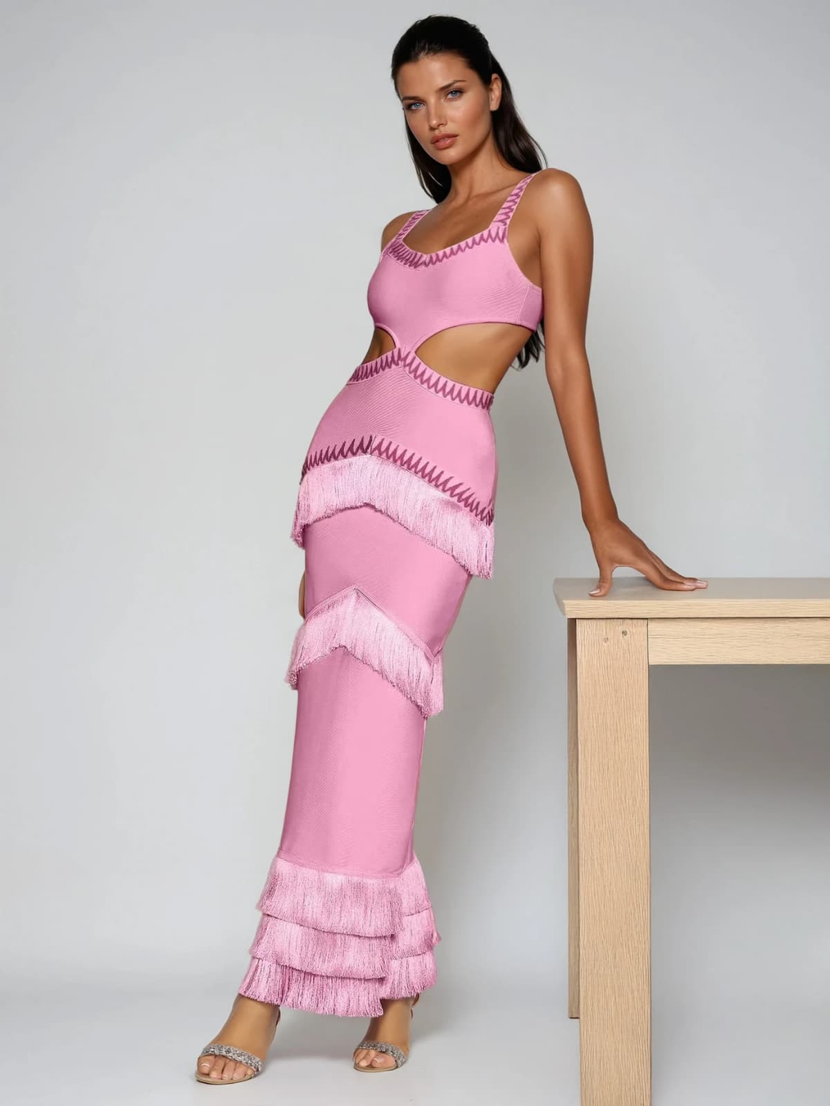 Raeldrin Cutout Fringe Bandage Maxi Dress