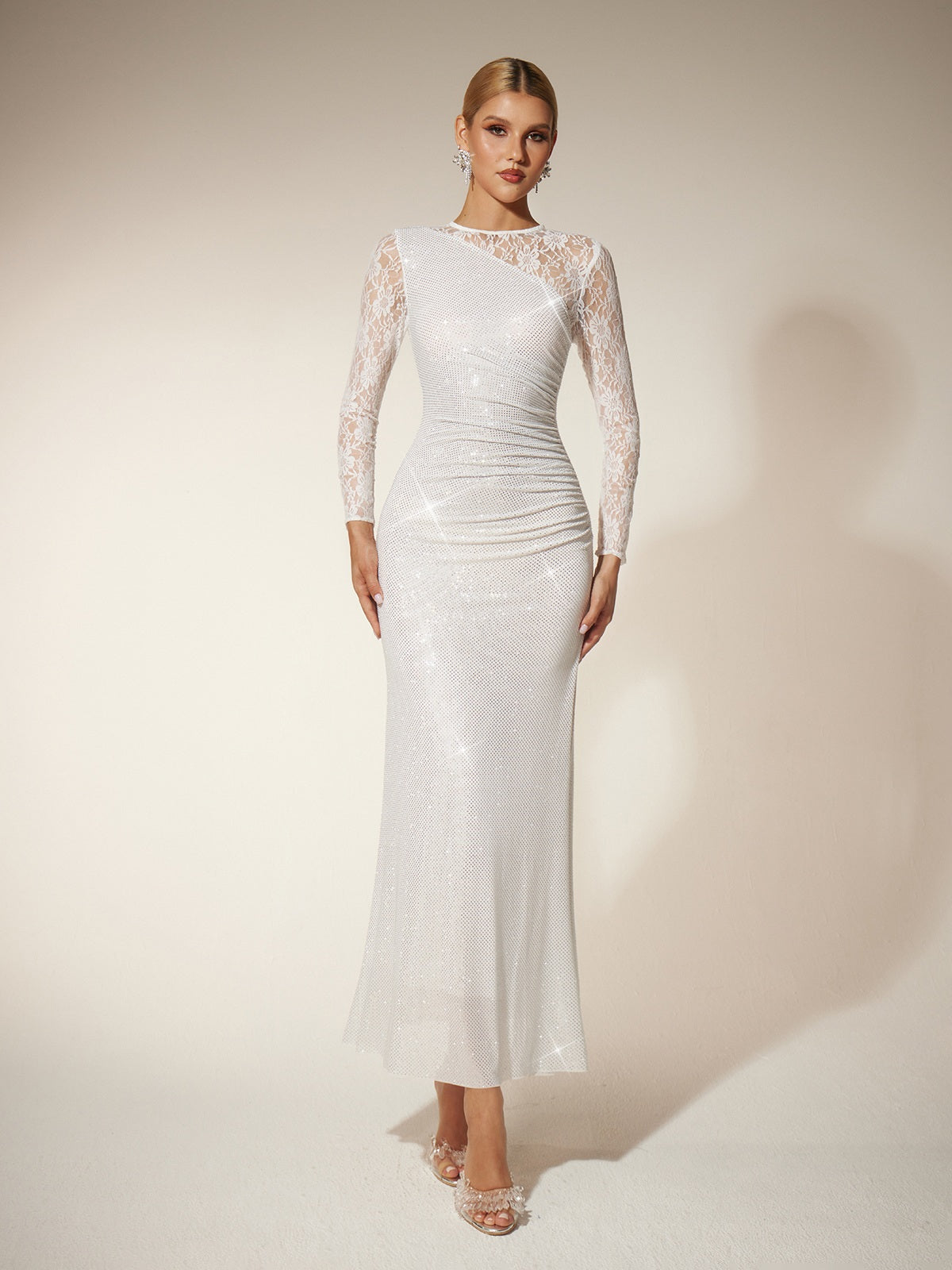 Raerion Rhinestone Lace Split Maxi Dress In White