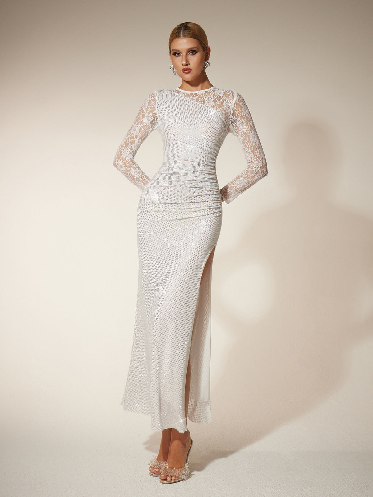 Raerion Rhinestone Lace Split Maxi Dress In White