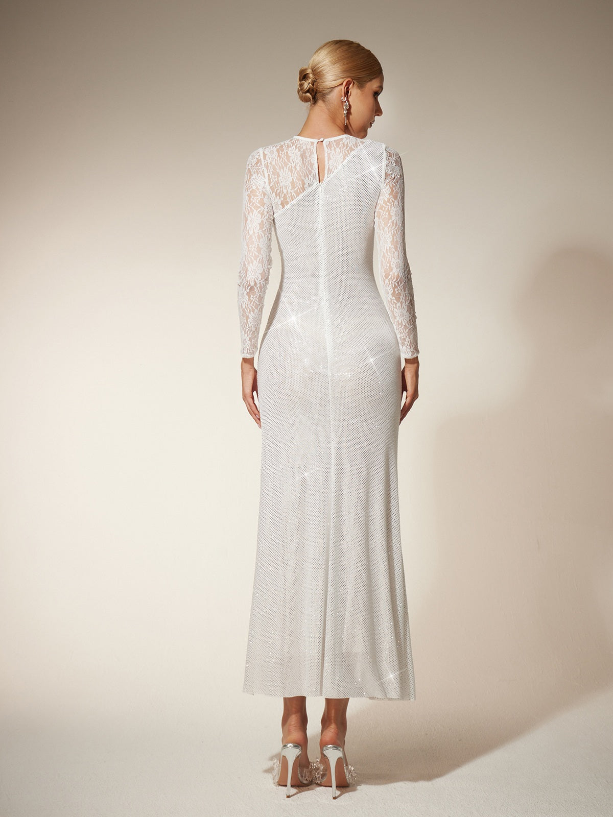 Raerion Rhinestone Lace Split Maxi Dress In White