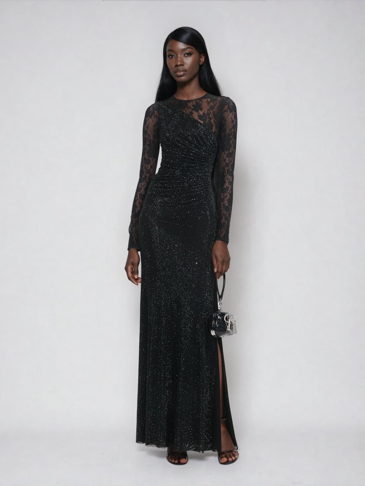 Raerion Rhinestone Lace Split Maxi Dress In Black